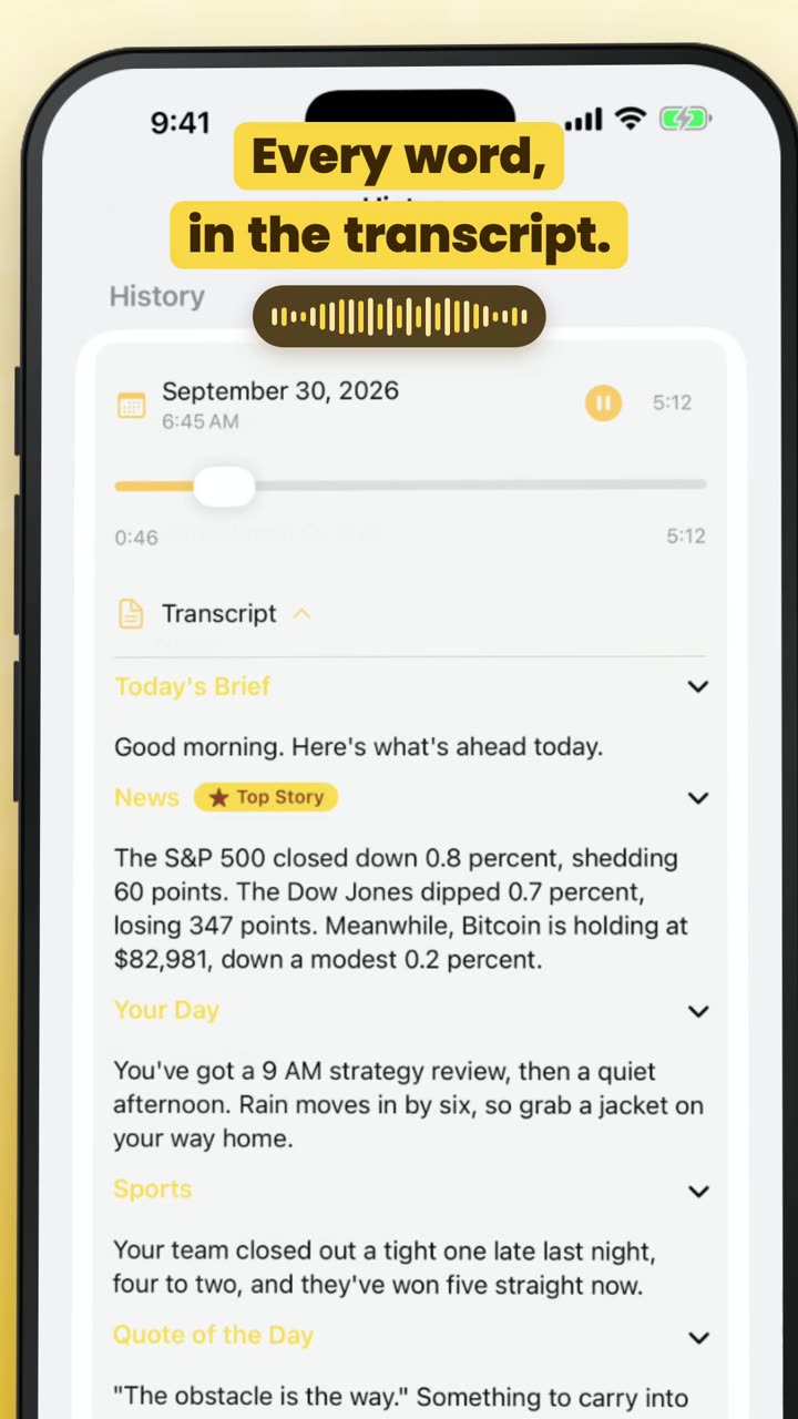 The DayStart app playing a morning briefing, with Top Story chapter selected
